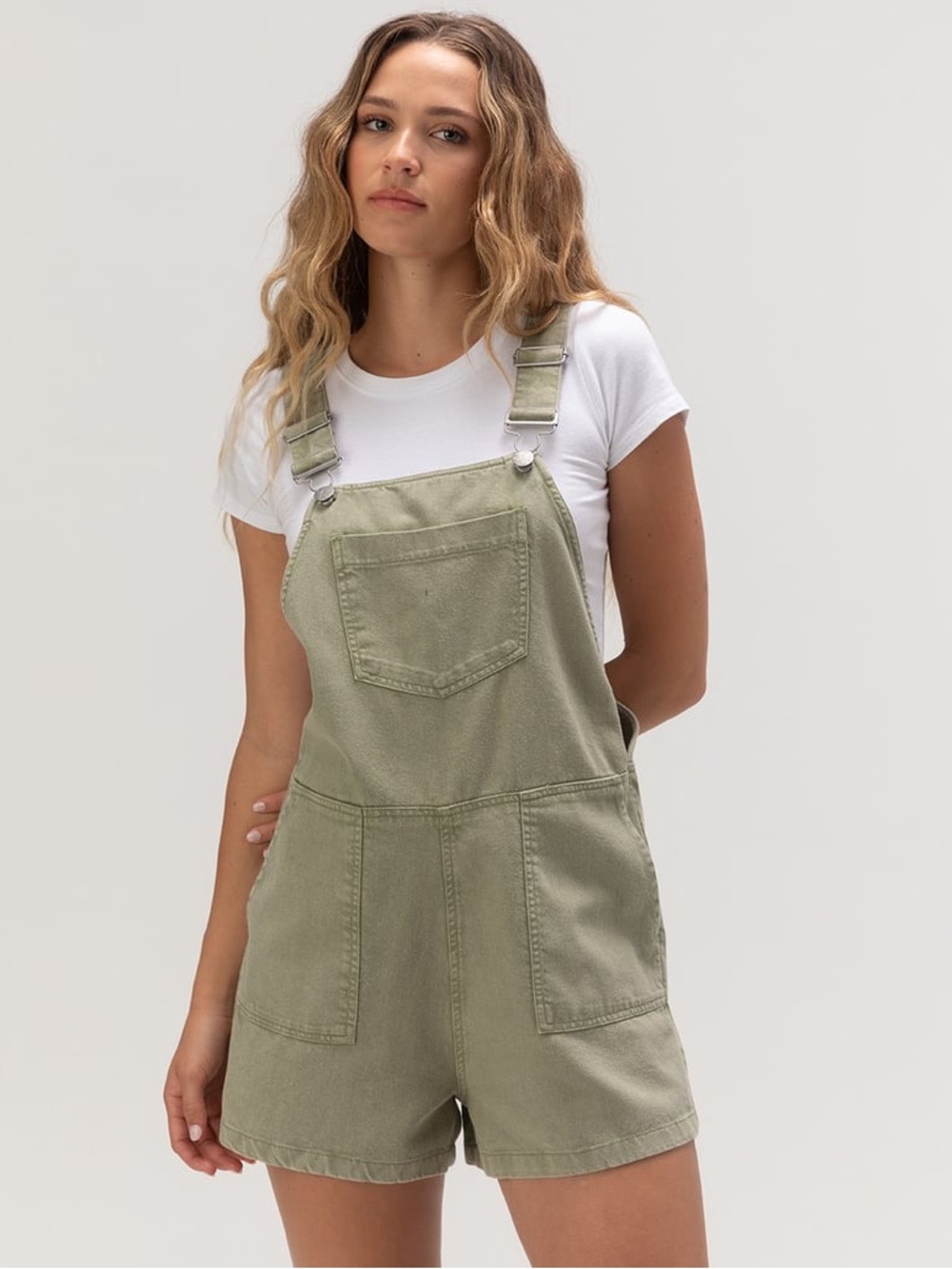 Roxy Crystal Coast Shortalls | Olive Denim Overalls | 100% Cotton | M